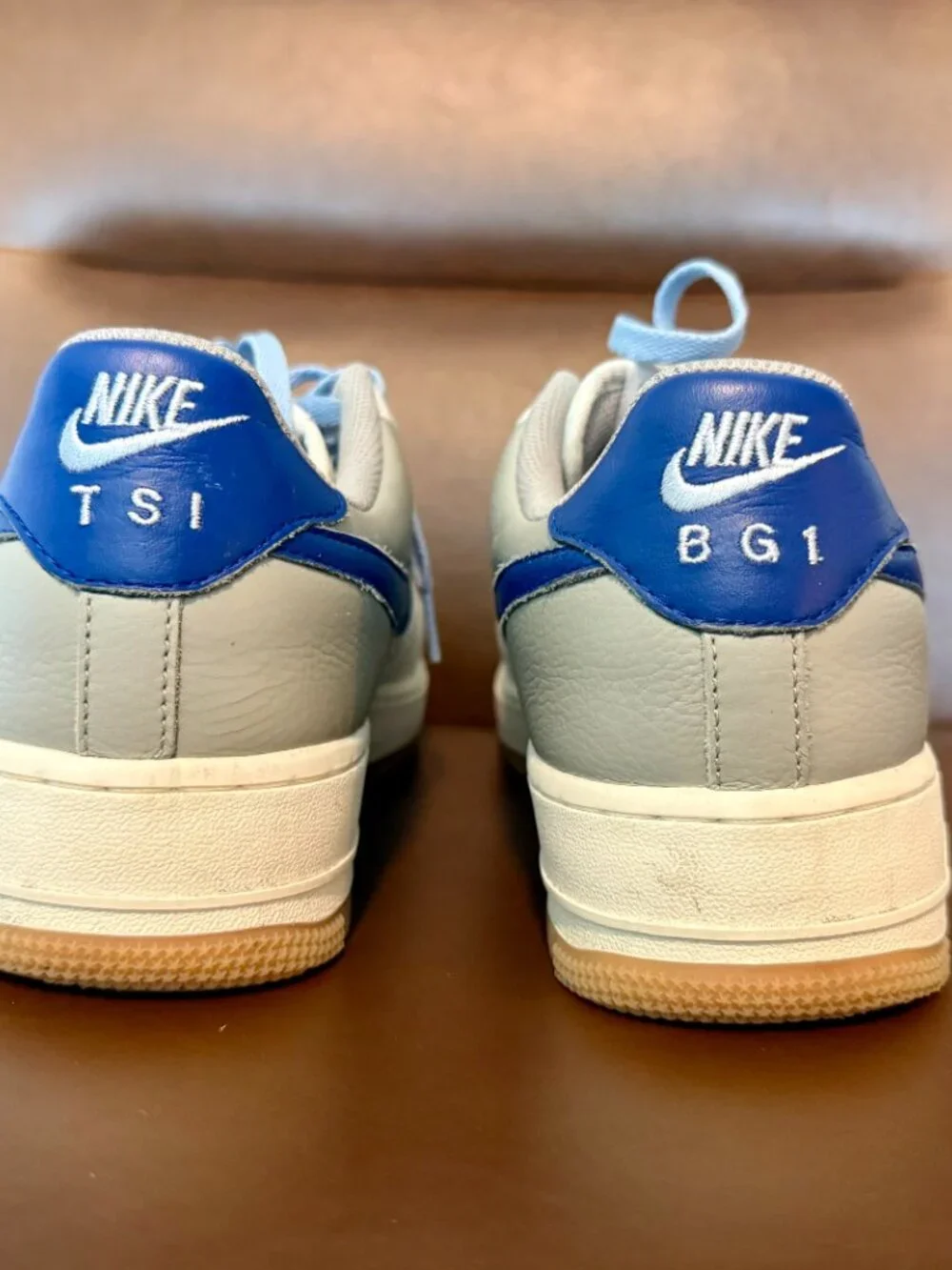 Nike Air Force 1, blue swoosh, grey panels, gum sole, Size 9M